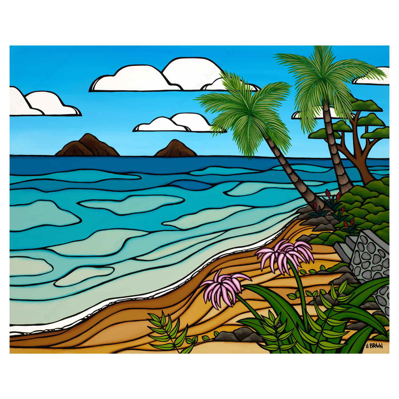A tranquil seascape with distant islands, coconut trees and tropical flowers by Hawaii surf artist Heather Brown