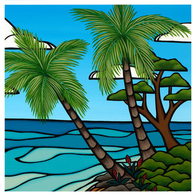 Coconut trees and clear blue sky by Hawaii surf artist Heather Brown