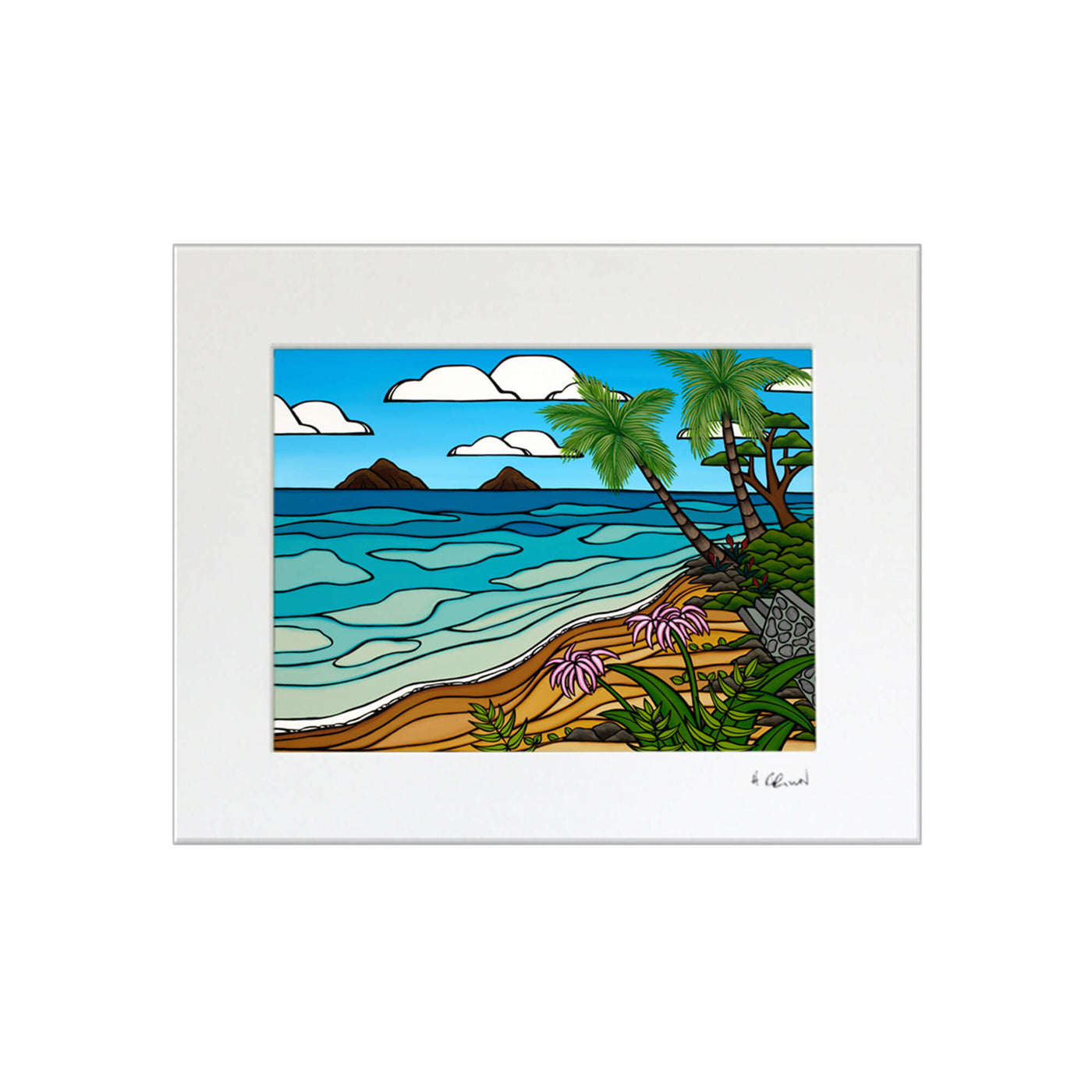 A matted art print of a vibrant colored seascape by Hawaii surf artist Heather Brown