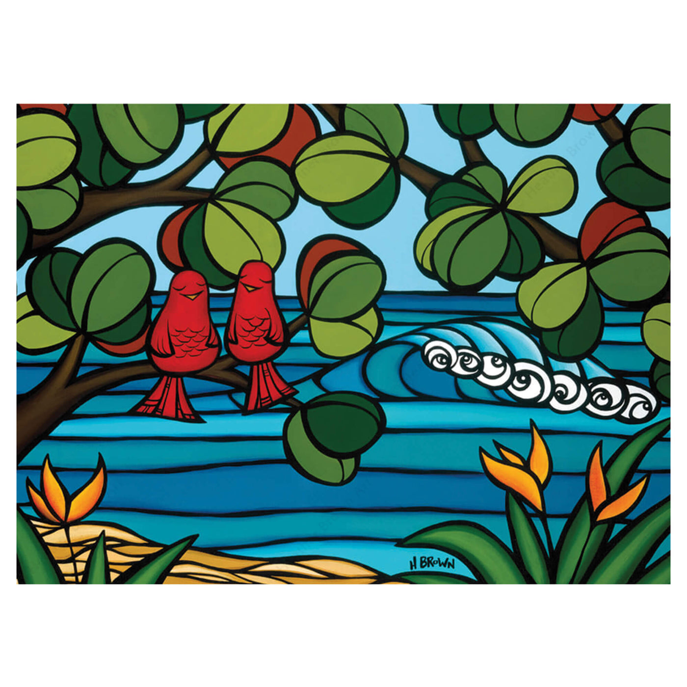A greeting card featuring two red birds on the tree by Hawaii surf artist Heather Brown