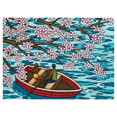 A greeting card featuring a couple under a cherry blossom tree by Hawaii surf artist Heather Brown
