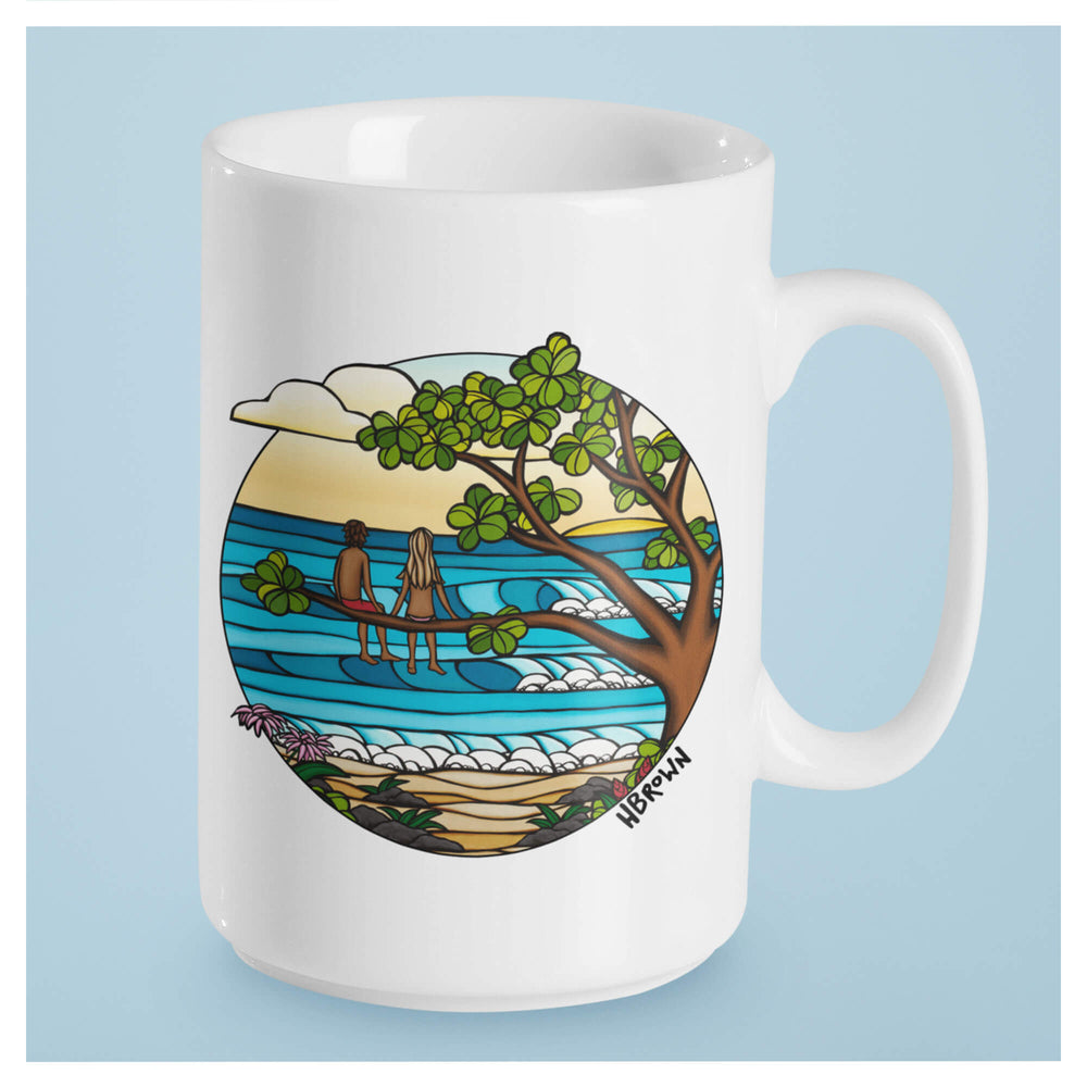 A big tree, some tropical flowers, and large crashing waves by Hawaii surf artist Heather Brown