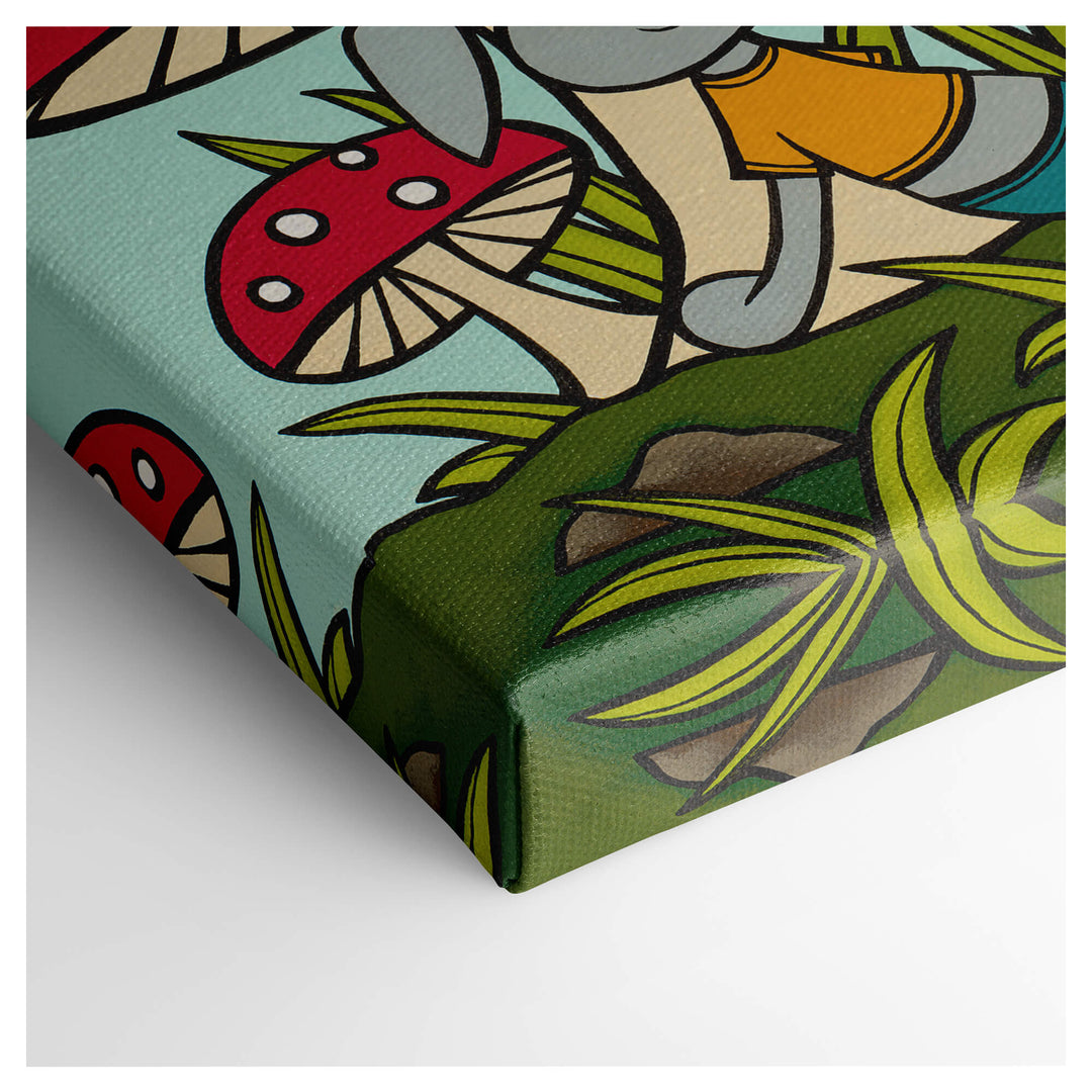 Whimsical depiction of mushrooms and a rabbit by Hawaii surf artist Heather Brown