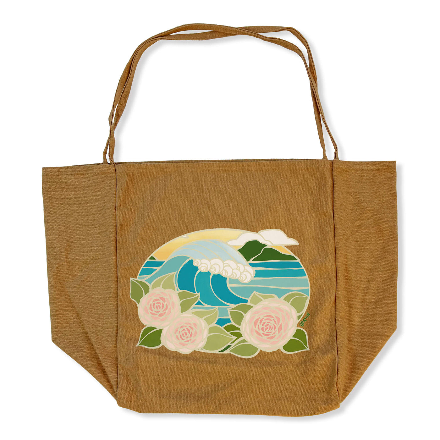 A brown thin handle tote bag featuring beautiful roses and a dreamlike wave at sunset b Hawaii surf artist Heather Brown