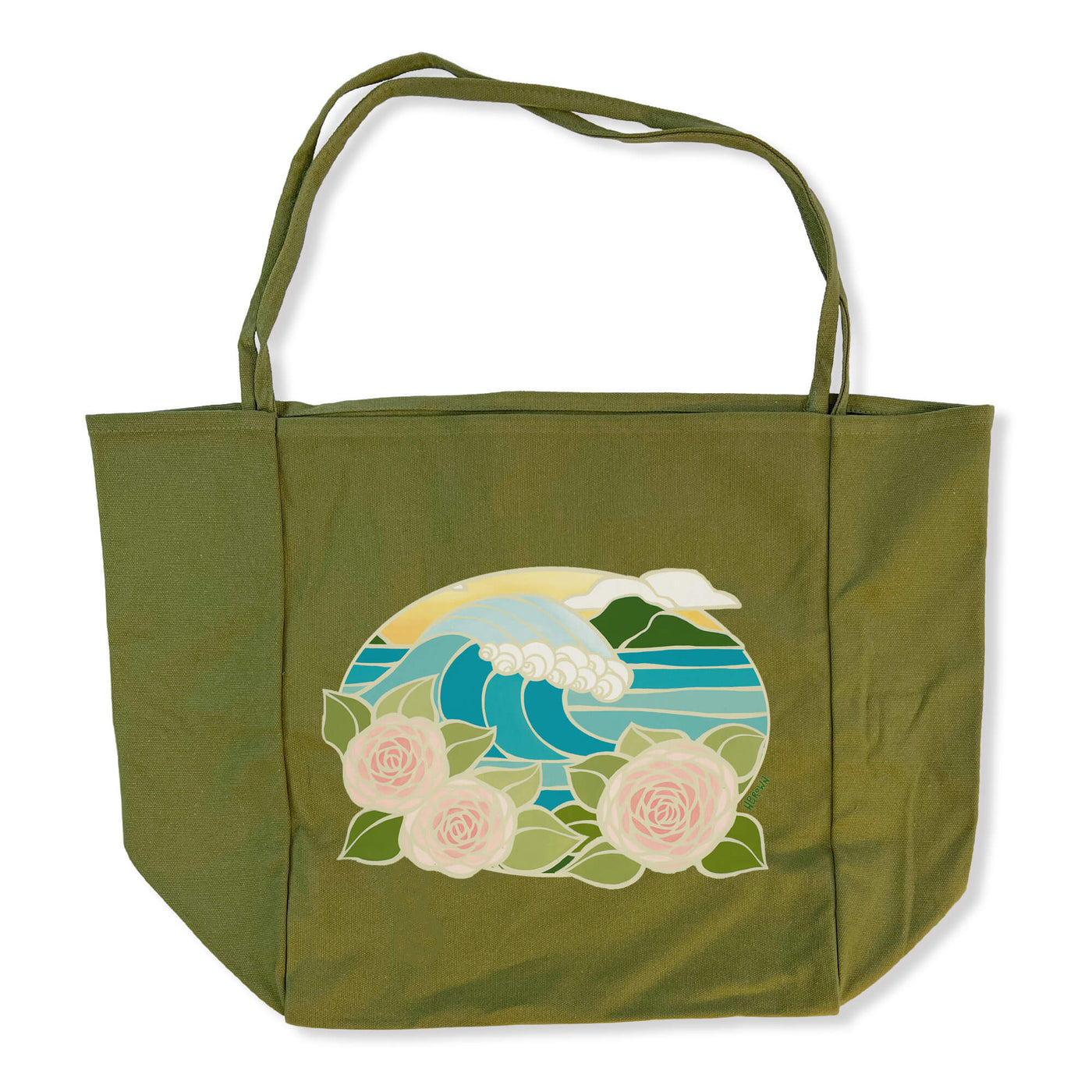  An olive thin handle tote bag featuring beautiful roses and a dreamlike wave at sunset b Hawaii surf artist Heather Brown