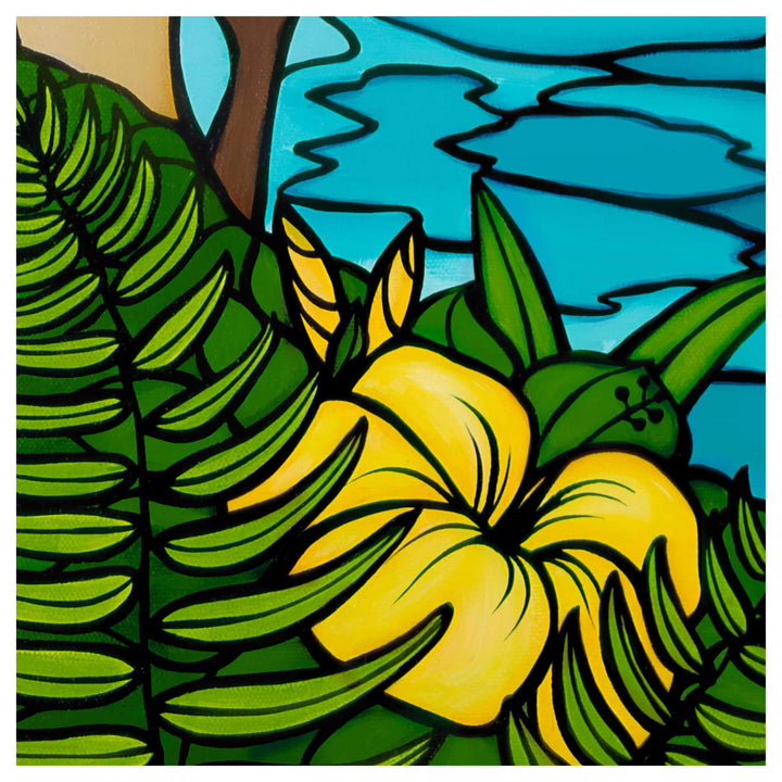 Close up details of artwork North Shore Kauai by Hawaii surf artist Heather Brown