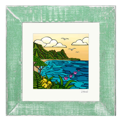 A framed matted art print featuring a breathtaking seascape in Kaua'i by Hawaii surf artist Heather Brown
