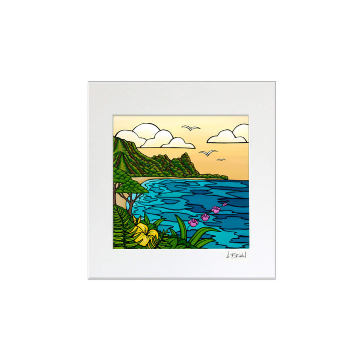 A matted art print featuring a breathtaking seascape in Kaua'i by Hawaii surf artist Heather Brown