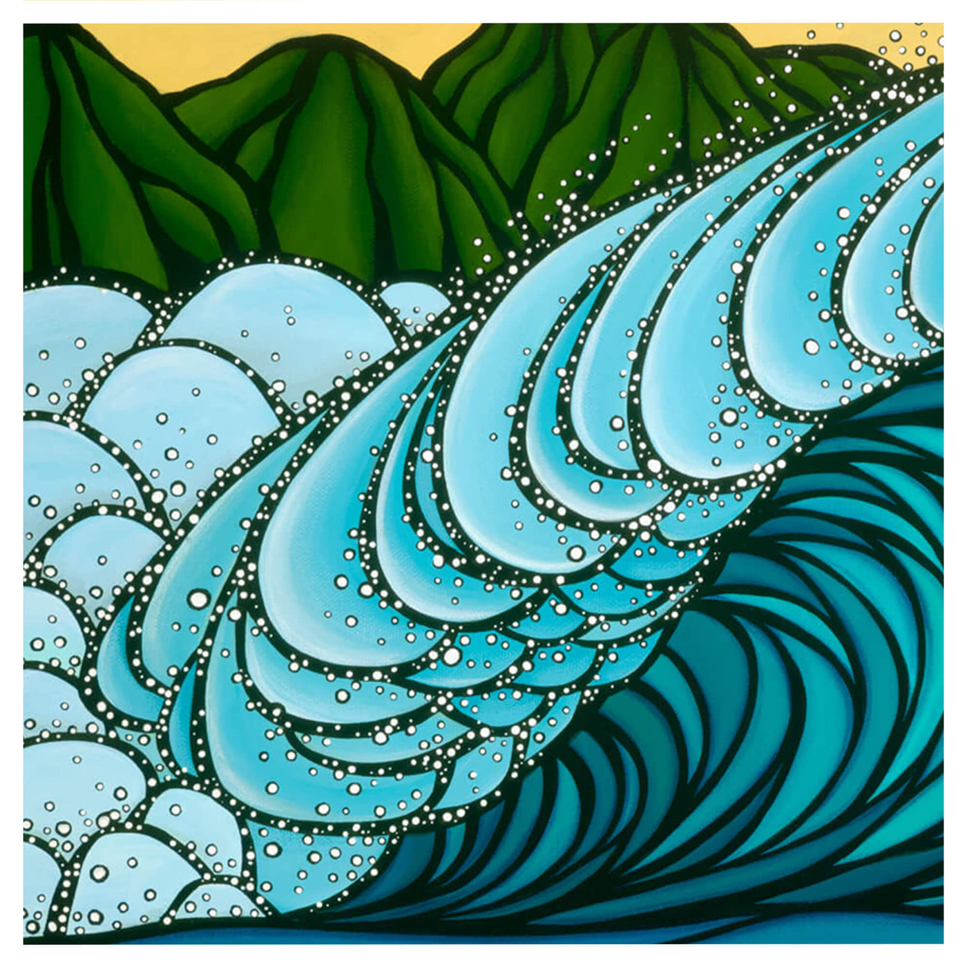 Close up details of artwork Offshore Perfection by Hawaii surf artist Heather Brown
