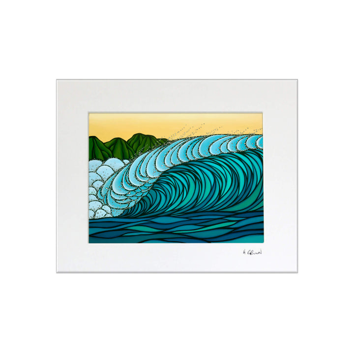 A matted art print featuring waves through bold blues and distant green mountains by Hawaii surf artist Heather Brown