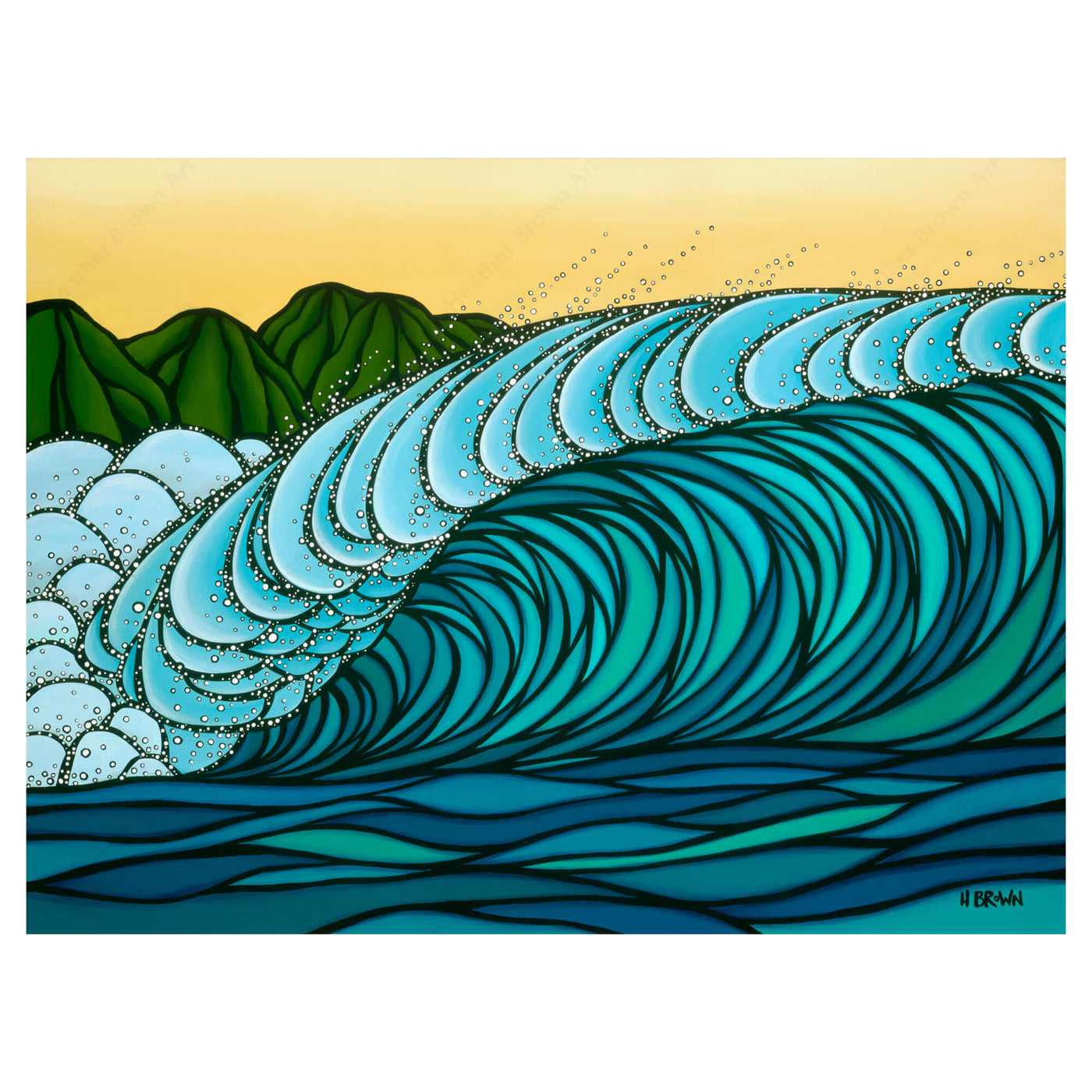 A matted art print featuring waves through bold blues and distant green mountains by Hawaii surf artist Heather Brown