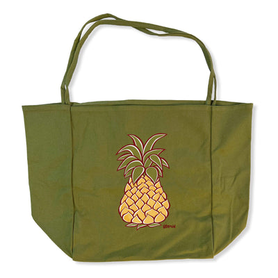 An olive thin handle tote bag featuring a stylized Hawaiian pineapple by Hawaii surf artist Heather Brown