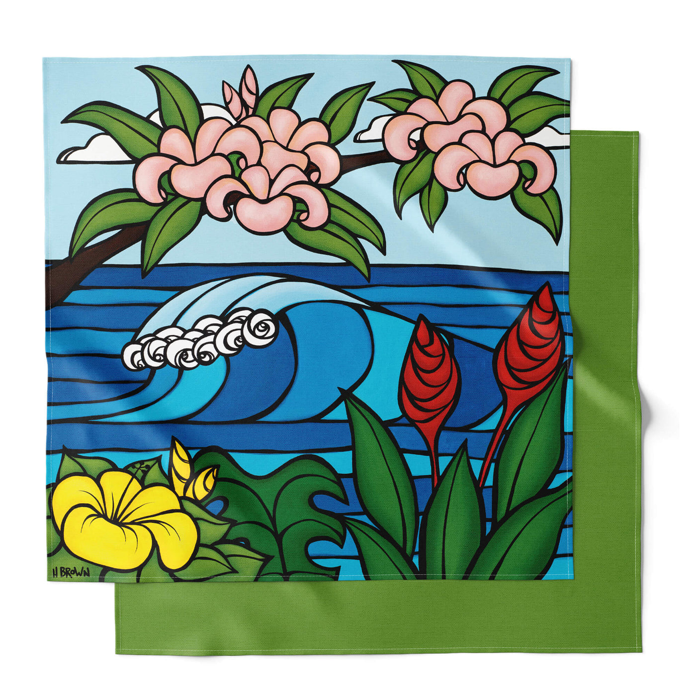 Furoshiki wrapping cloth featuring a seascape framed by colorful tropical flowers by Hawaii surf artist Heather Brown