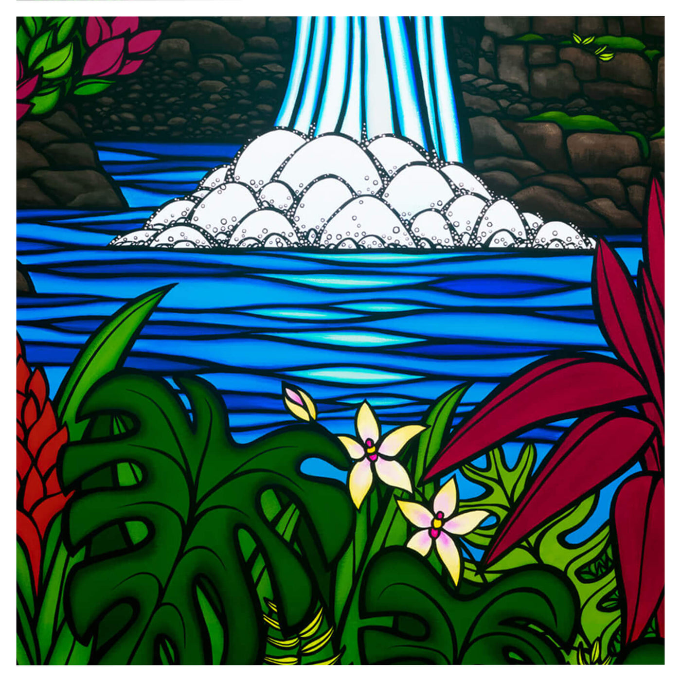 Close up details of artwork Rainbow Falls by Hawaii surf artist Heather Brown