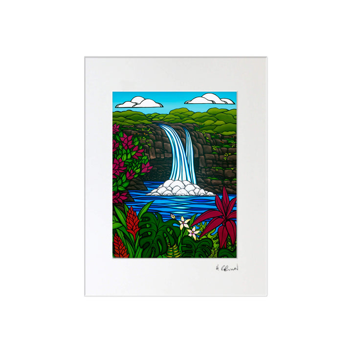 A matted art print featuring a tranquil pool, waterfall, tropical flowers, mountains, and a beautiful blue sky by Hawaii surf artist Heather Brown