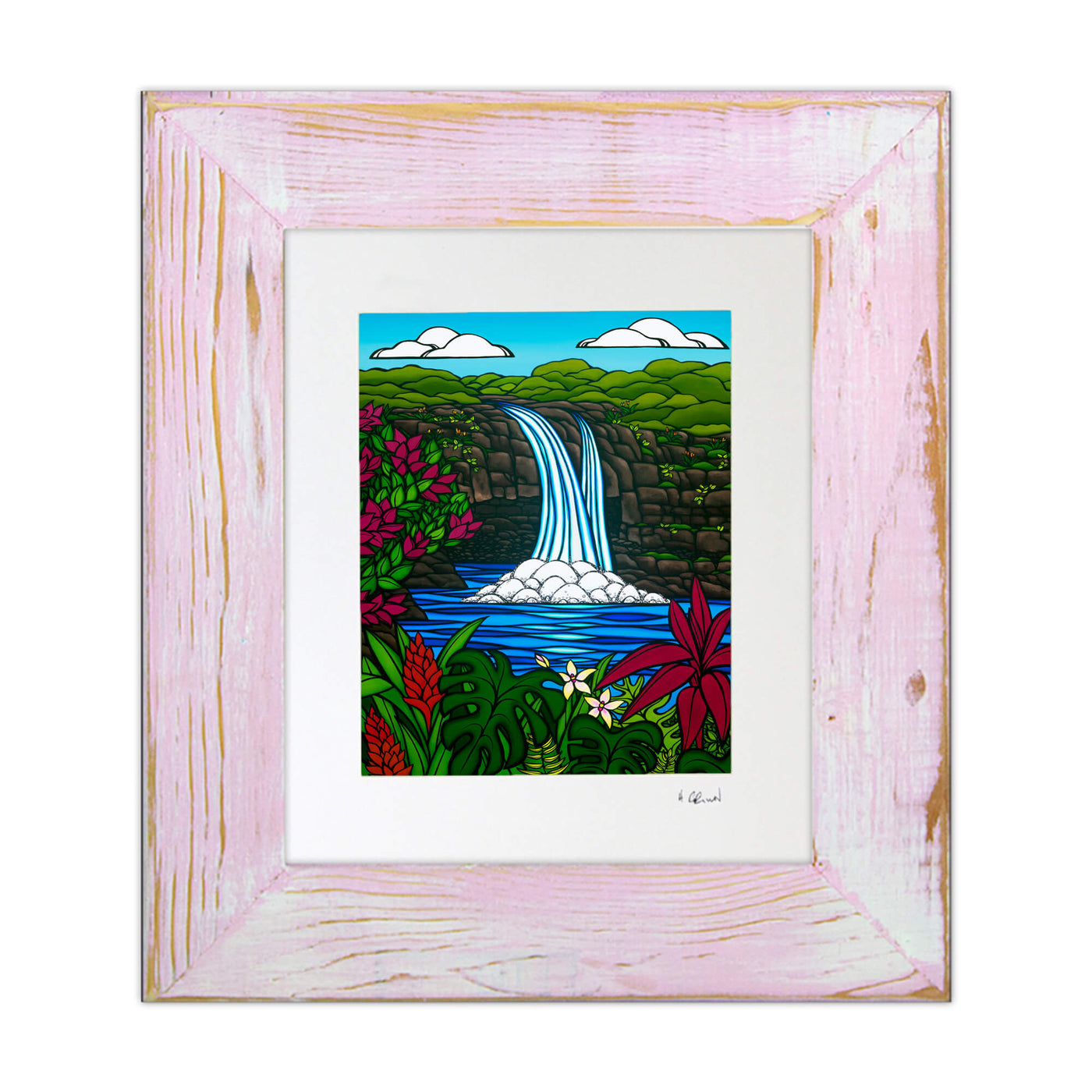 A framed matted art print featuring a tranquil pool, waterfall, tropical flowers, mountains, and a beautiful blue sky by Hawaii surf artist Heather Brown