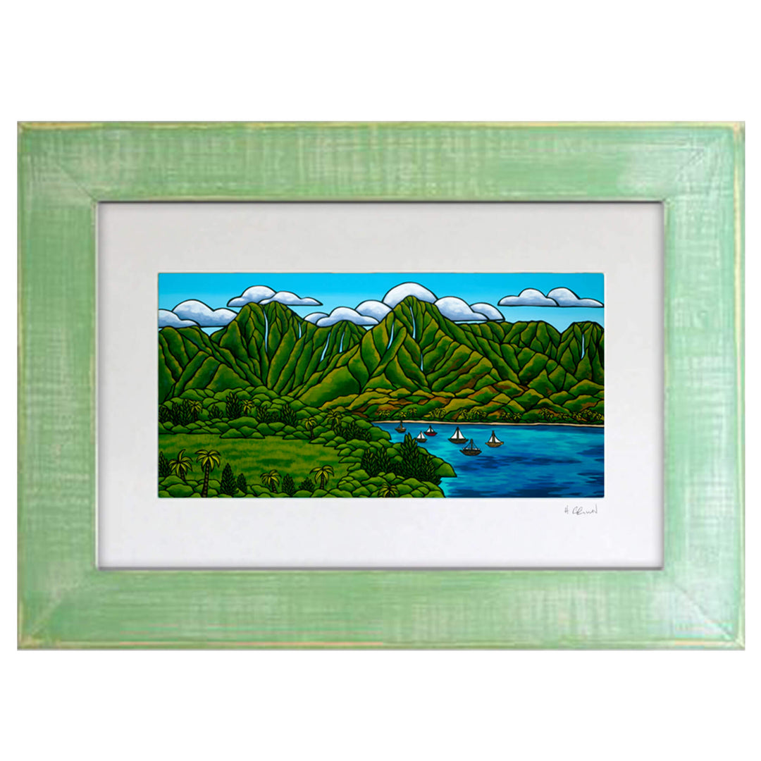 Vibrant landscape with beautiful mountains and a cove by Hawaii surf artist Heather Brown