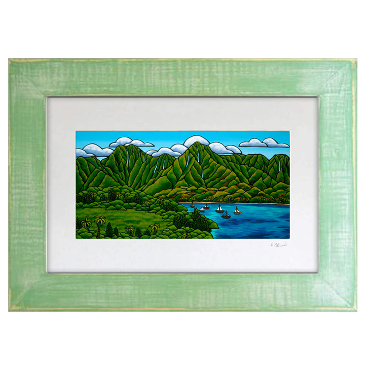 Vibrant landscape with beautiful mountains and a cove by Hawaii surf artist Heather Brown
