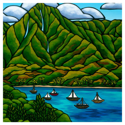 Sailboats on the shore by Hawaii surf artist Heather Brown