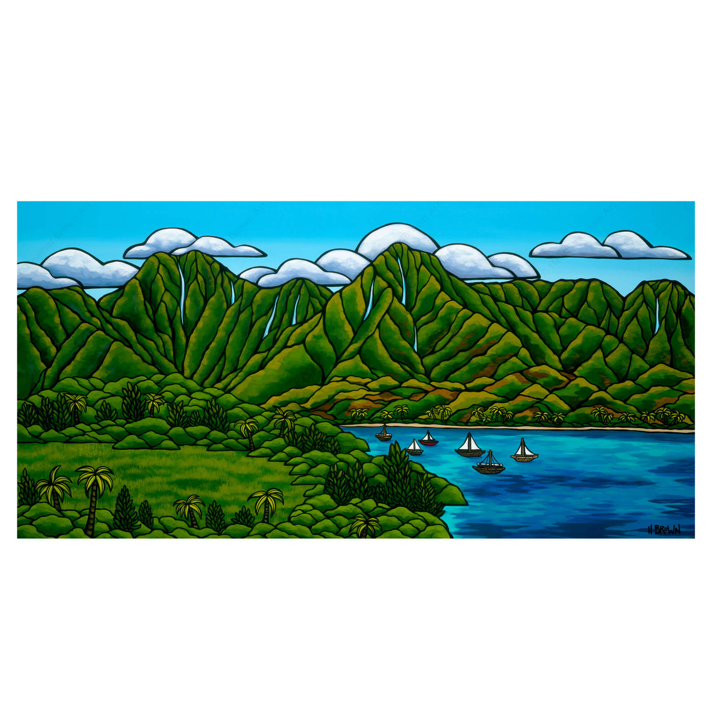 a matted art print featuring a tropical landscape with a cove and sailboats by Hawaii surf artist Heather Brown