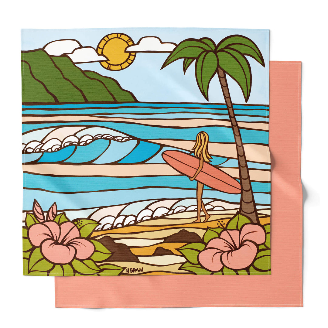 Furoshiki wrapping cloths featuring a woman with a surfboard by Hawaii surf artist Heather Brown