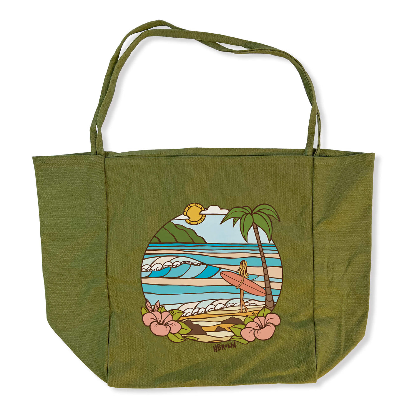 An olive thin handle tote bag featuring a surf girl enjoying a perfect day in a tropical paradise by Hawaii surf artist Heather Brown