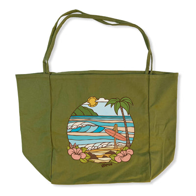 An olive thin handle tote bag featuring a surf girl enjoying a perfect day in a tropical paradise by Hawaii surf artist Heather Brown