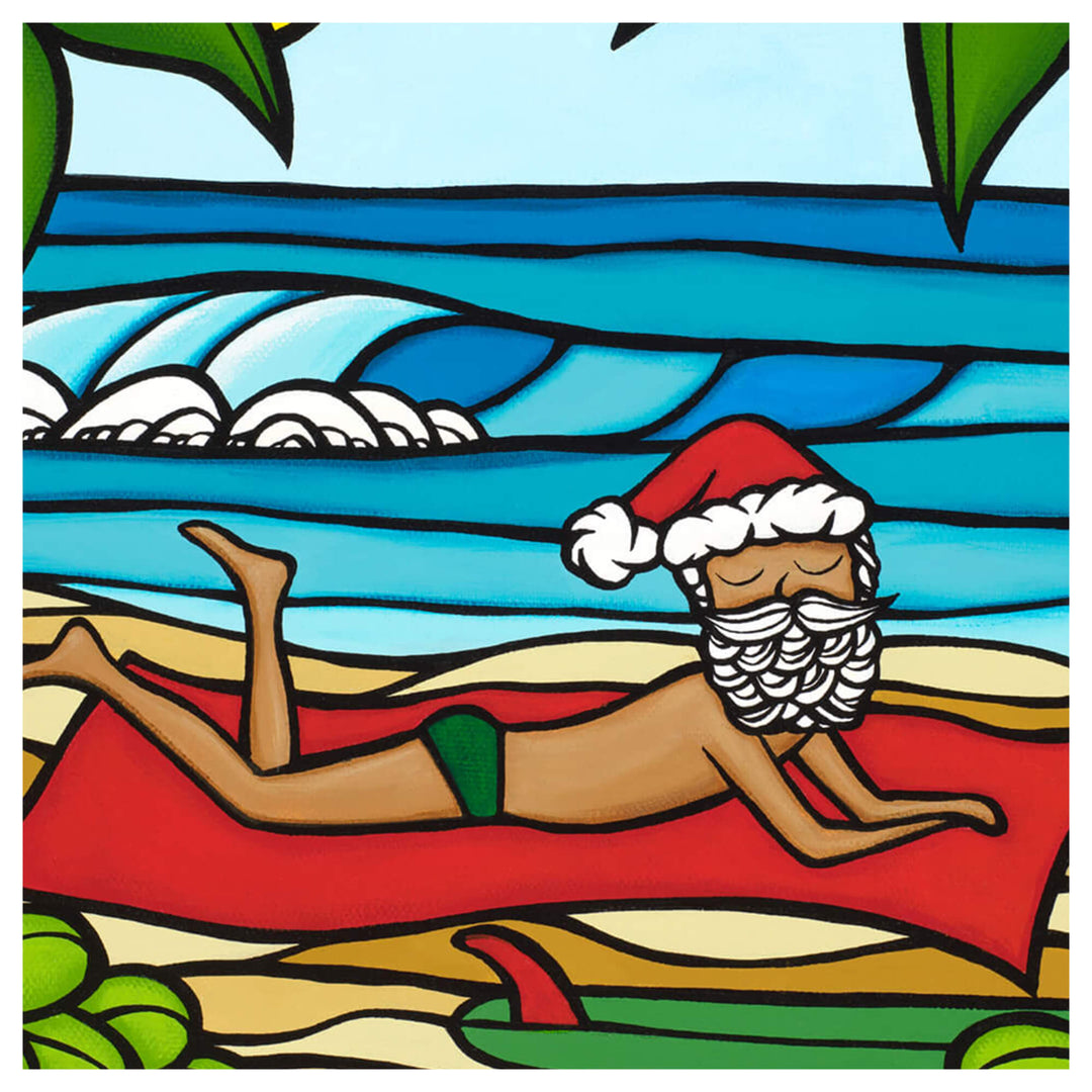 Close up details of artwork Sunbathing Santa by Hawaii surf artist Heather Brown