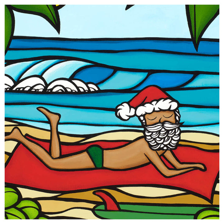 Close up details of artwork Sunbathing Santa by Hawaii surf artist Heather Brown