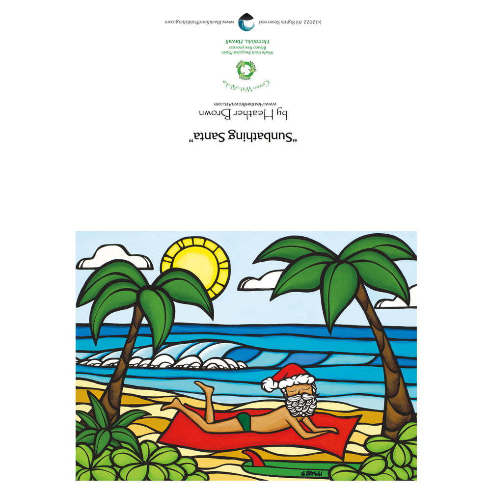 A greeting card featuring Santa Claus out for a day of sun and sea by Hawaii surf artist Heather Brown