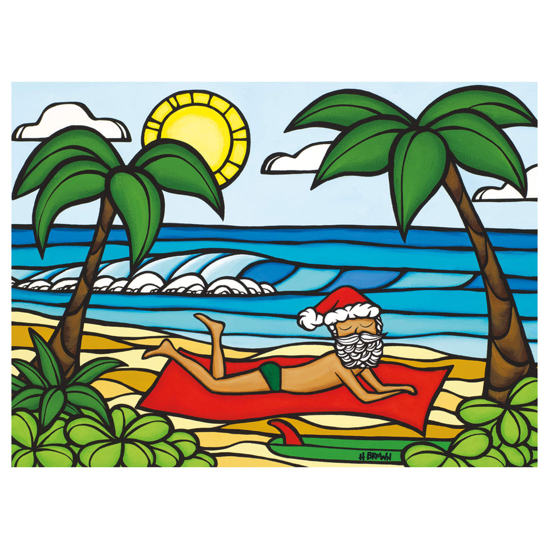 A greeting card featuring Santa Claus out for a day of sun and sea by Hawaii surf artist Heather Brown