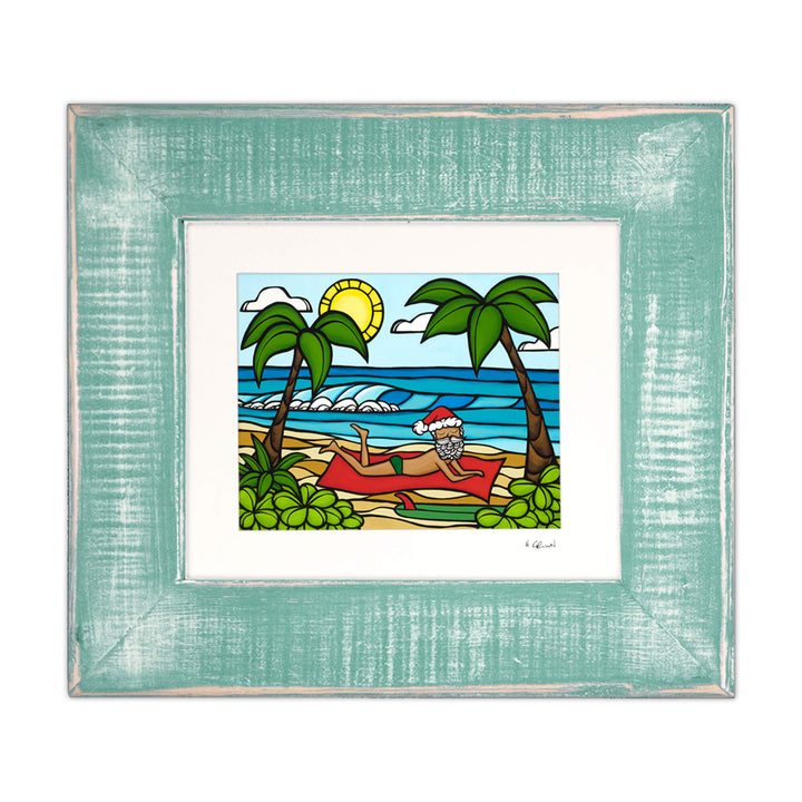 A framed matted art print featuring Santa Claus out for a day of sun and sea by Hawaii surf artist Heather Brown
