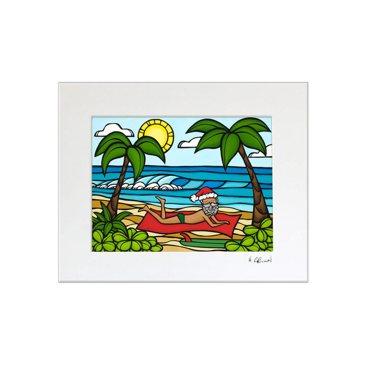 A matted art print featuring Santa Claus out for a day of sun and sea by Hawaii surf artist Heather Brown