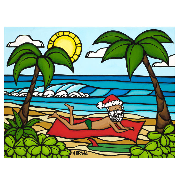 A matted art print featuring Santa Claus out for a day of sun and sea by Hawaii surf artist Heather Brown