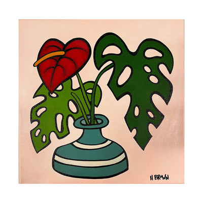An acrylic painting on canvas featuring a red anthurium flower and some monstera leaves in a teal vase by Hawaii surf artist Heather Brown
