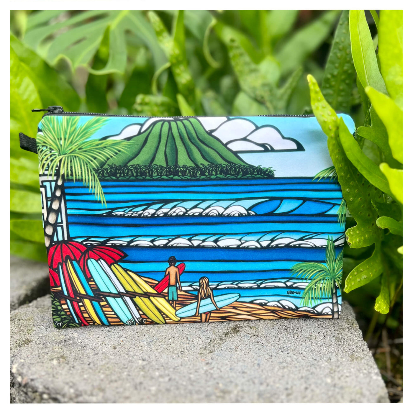 a beach clutch featuring a surf couple heading to the beach by Hawaii surf artist Heather Brown