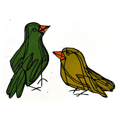 A linocut print of two birds with different shades of green by Hawaii surf artist Heather Brown