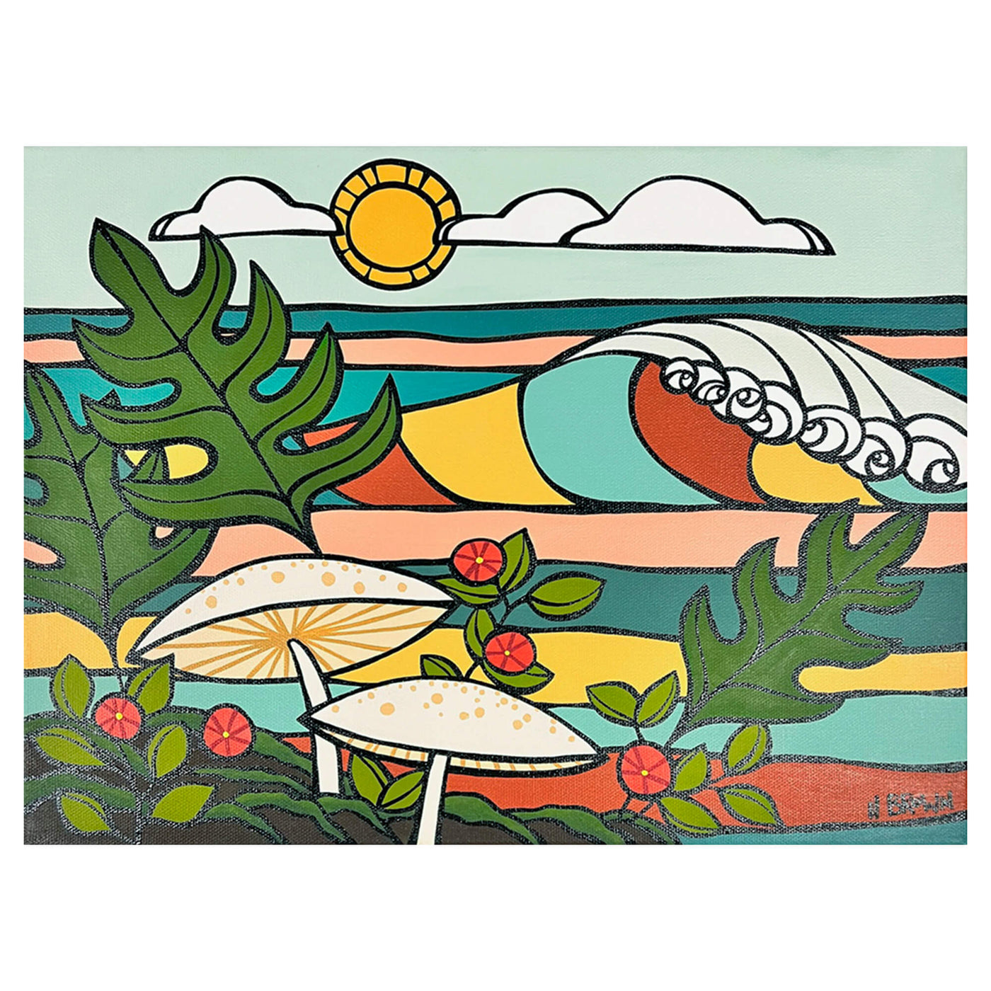 An acrylic painting on canvas featuring a fall color-inspired artwork with a gigantic rolling wave, mushrooms, and some tropical plants by Hawaii surf artist Heather Brown