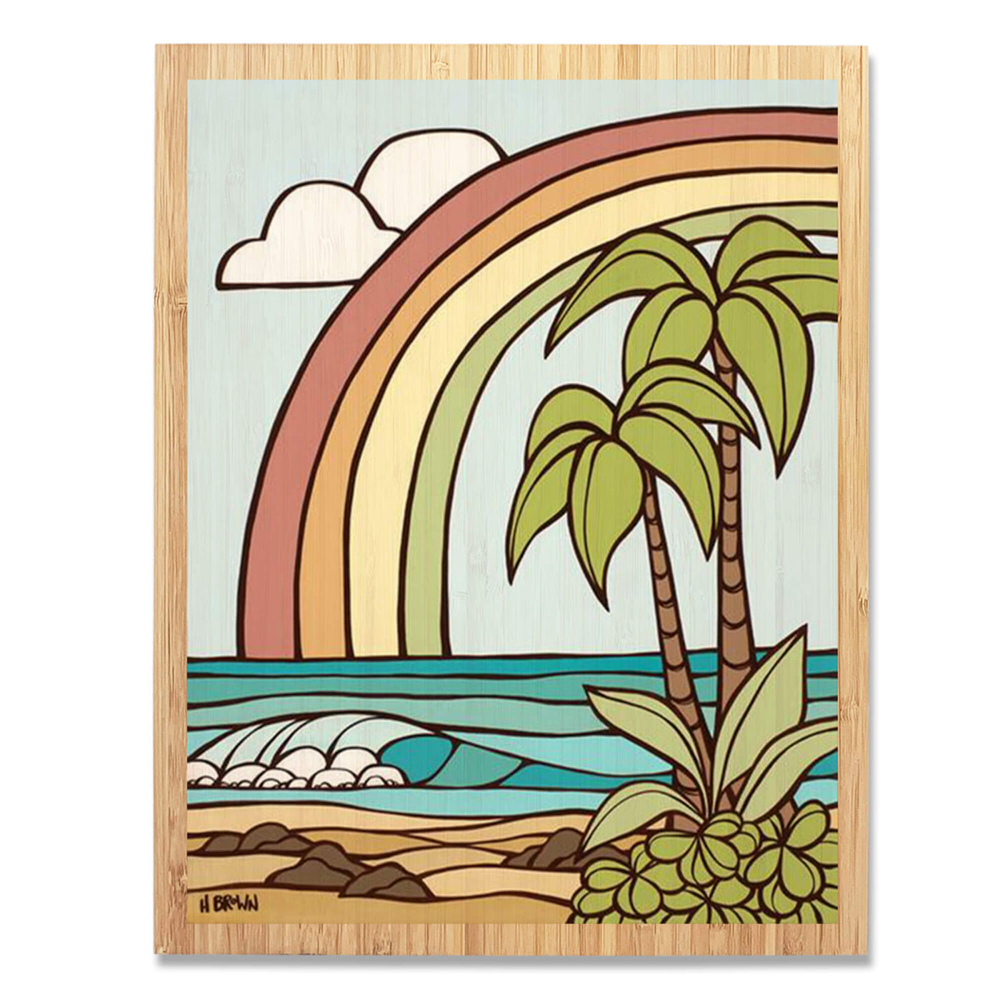A bamboo art print with border featuring a vibrant colored seascape framed by a rainbow by Hawaii surf artist Heather Brown
