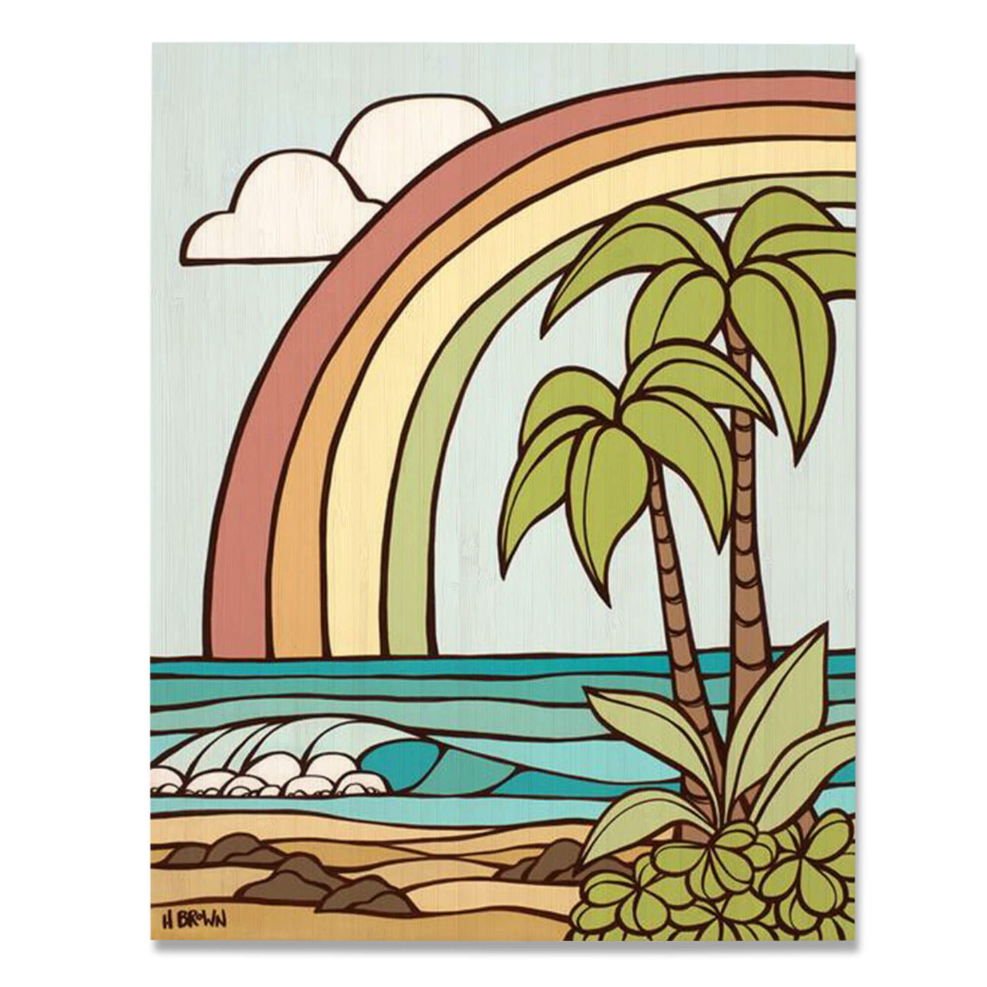 A bamboo art print featuring a beautiful pastel colored seascape with a rainbow, palm trees and a rolling wave by Hawaii surf artist Heather Brown