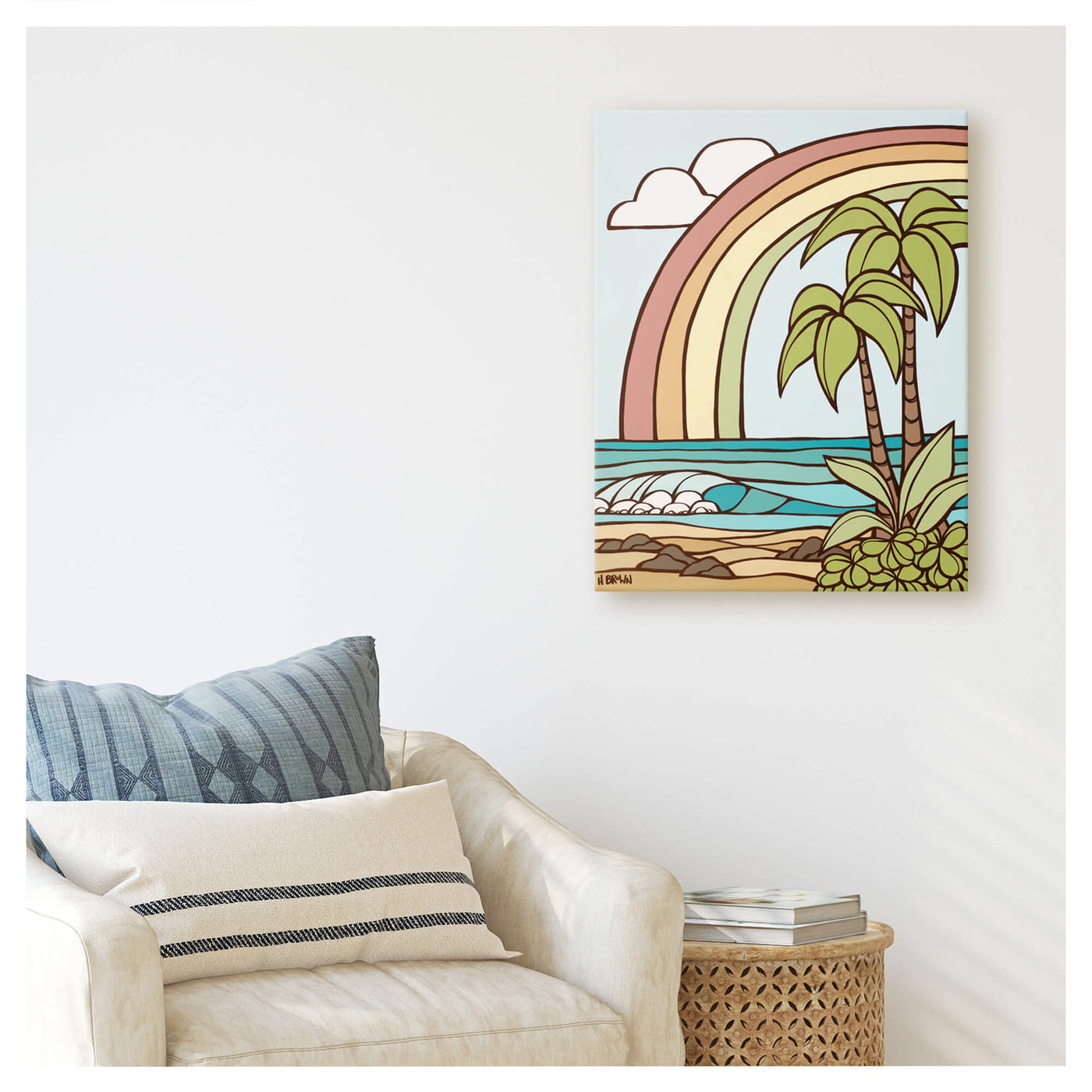 Pastel colored rainbow framing a classic Hawaii seascape by Hawaii surf artist Heather Brown