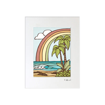 Rainbow, palm trees and teal colored ocean by Hawaii surf artist Heather Brown