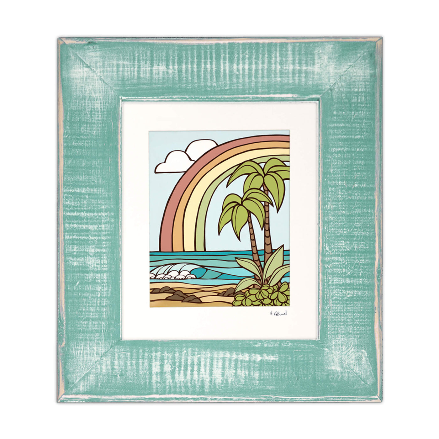 A matted art print in seafoam frame featuring a seascape with rainbow and teal colored ocean by Hawaii surf artist Heather Brown