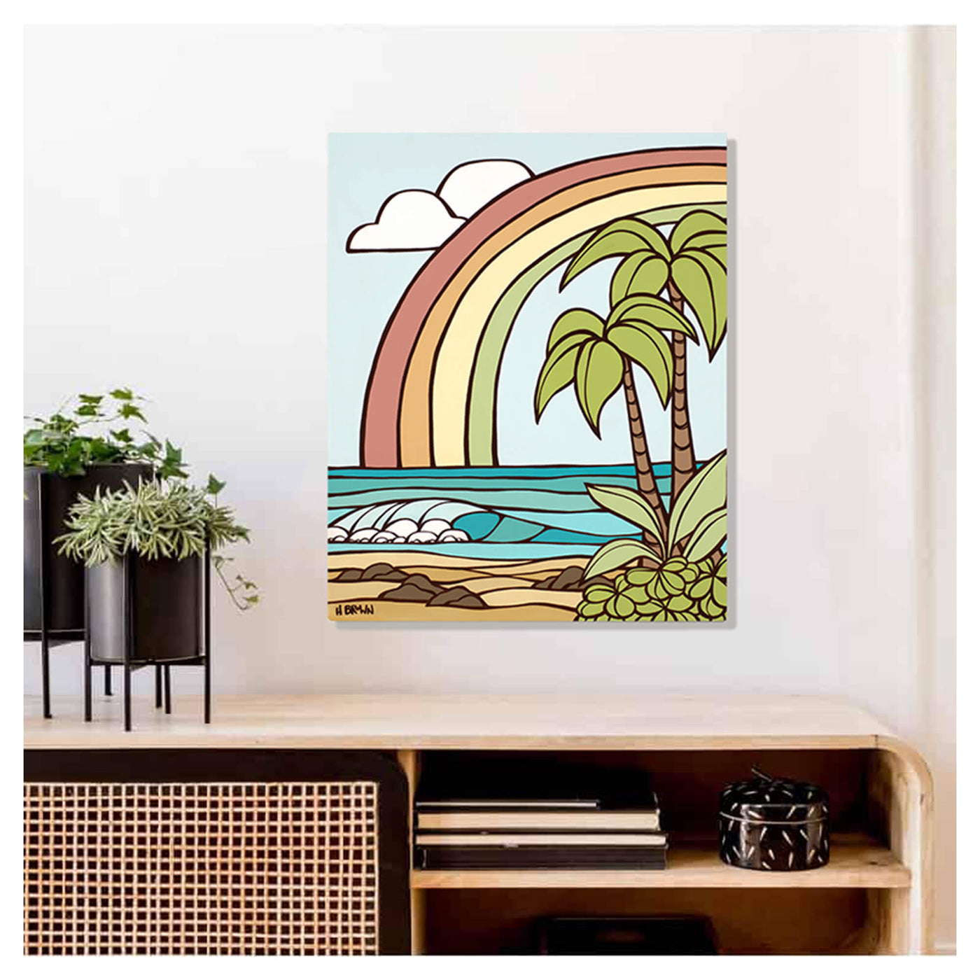 A vibrant colored ocean with rolling waves framed a by a rainbow by Hawaii surf artist Heather Brown