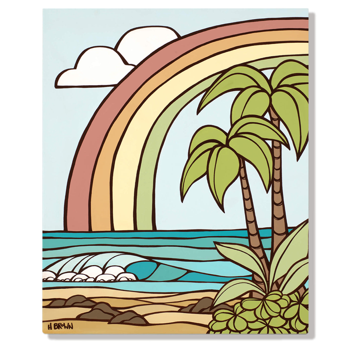 A metal art print featuring a rainbow framing a teal-colored ocean and some palm trees by Hawaii surf artist Heather Brown