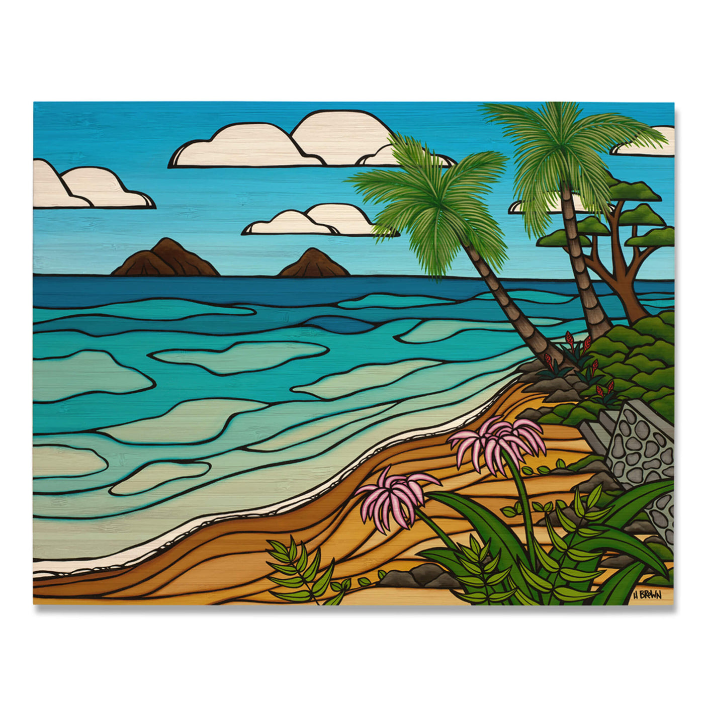 Coconut trees and tropical flowers framing a beautiful seascape by Hawaii surf artist Heather Brown