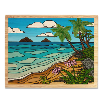 A colorful tropical island with beautiful flowers, coconut trees and crashing waves by Hawaii surf artist Heather Brown