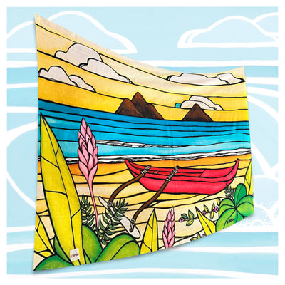 A sarong featuring a beautiful summer day out at the Mokes at Lanikai beach by Hawaii surf artist Heather Brown