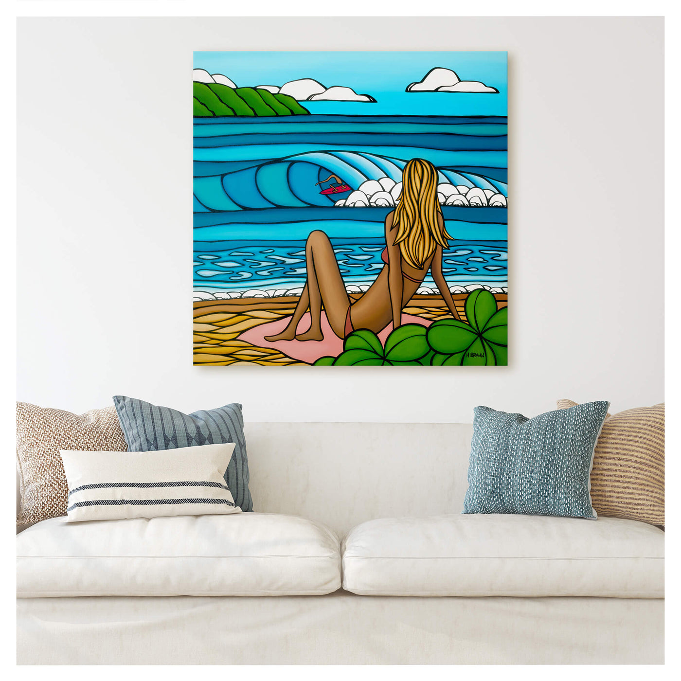 A woman watching a surfer riding the epic waves of Hawaii by Kauai surf artist Heather Brown