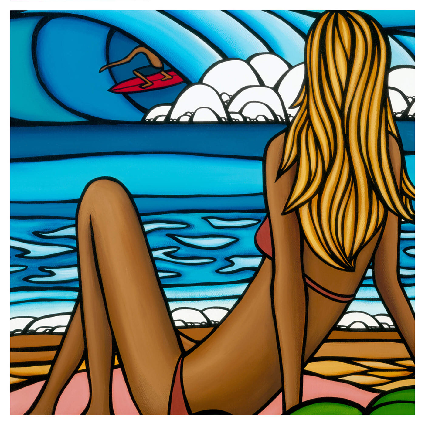 Surfer in perfect barrel wave by Hawaii surf artist Heather Brown